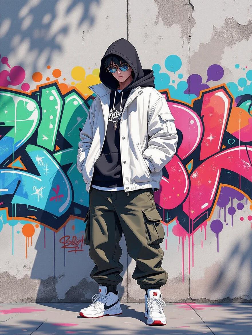 Full-body character in stylish streetwear standing against a graffiti wall. Impressionist art style with vibrant colors and sharp outlines. Airbrushed shadows and soft backlight adding depth. Graffiti drips enhance urban aesthetic.