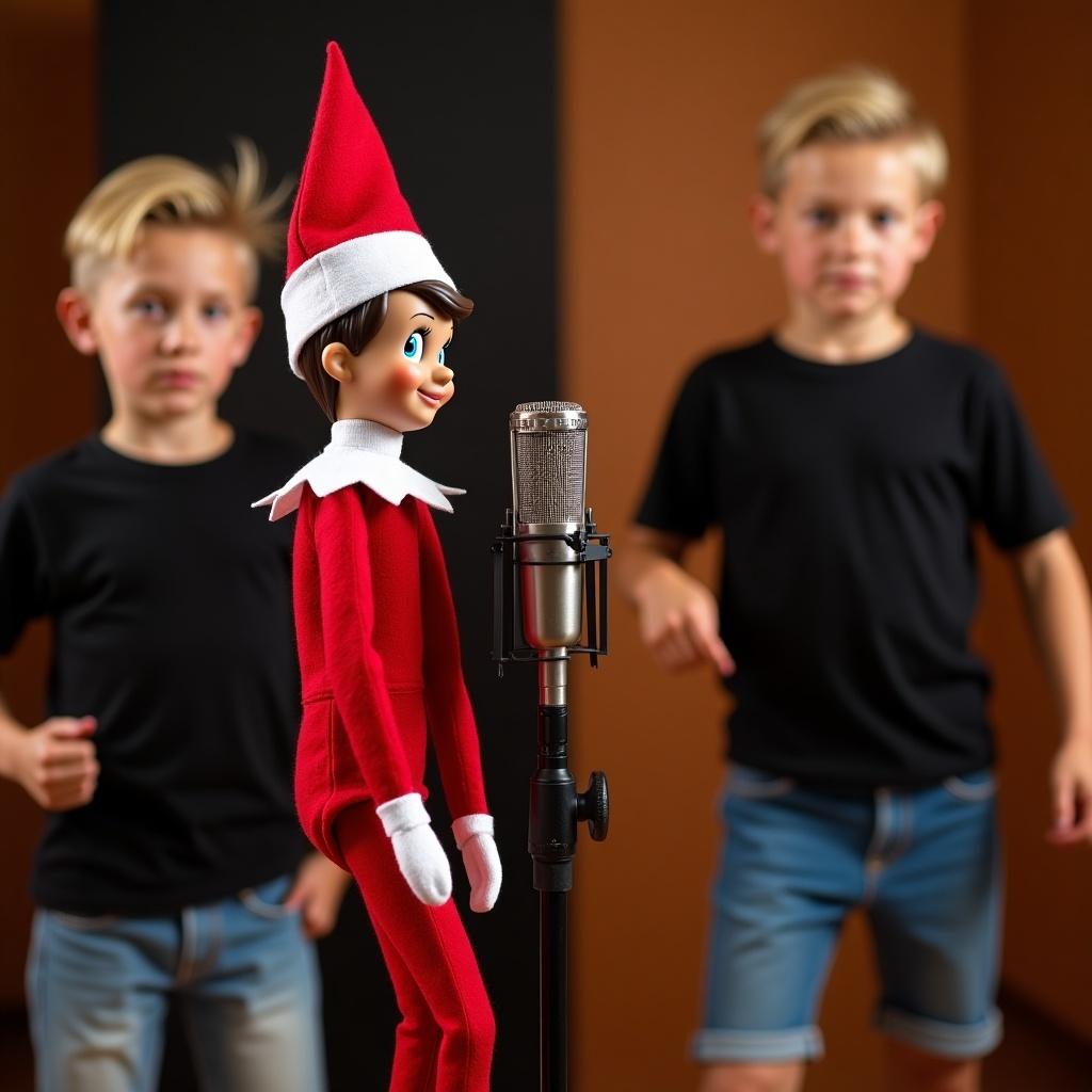 A traditional red elf on the shelf holds a microphone in a hip hop recording studio. Two boys with blond hair dance in the background. They wear black shirts and denim shorts.