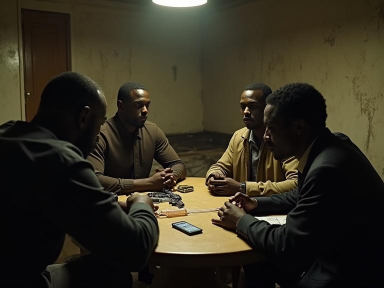 Dimly lit room with peeling wallpaper. Old mattress in corner. Four black men sit in a circle. Tense atmosphere. Guns laid out on a table. One man looks calm and focused. One man grits teeth loading a clip. One man smirks coolly. One man eyes a tablet with live cam feeds. All wearing street clothes.