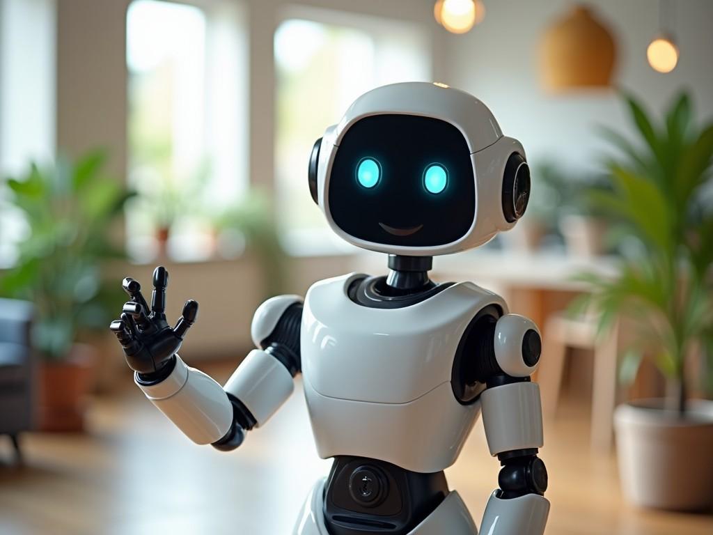 The image features a friendly, humanoid robot with a sleek design. Its body is predominantly white with black accents, and its eyes emit a soft blue glow. The robot is positioned in a contemporary indoor space filled with greenery, suggesting a harmonious blend of technology and nature. It appears to be waving, adding a welcoming touch to the scene. The background includes soft lighting and modern furniture, indicating a stylish living area.