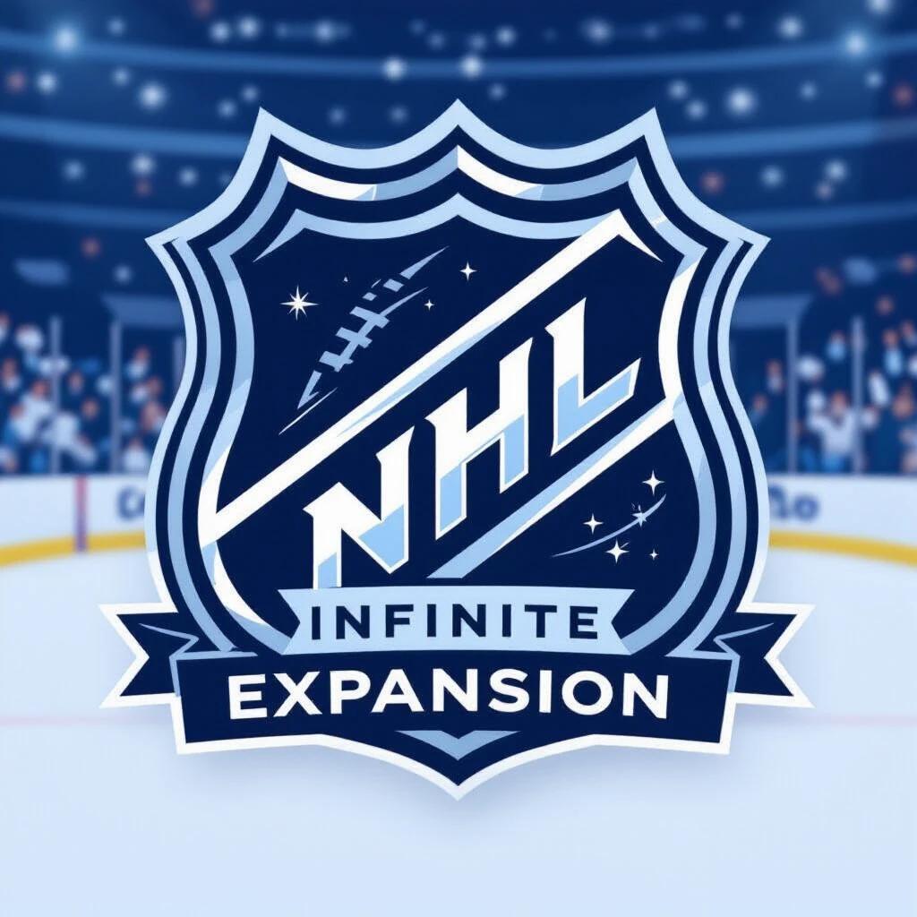 Logo design for Instagram account focused on NHL expansion. Features a shield shape with blue and white colors. Includes NHL elements and text for 'Infinite Expansion'.