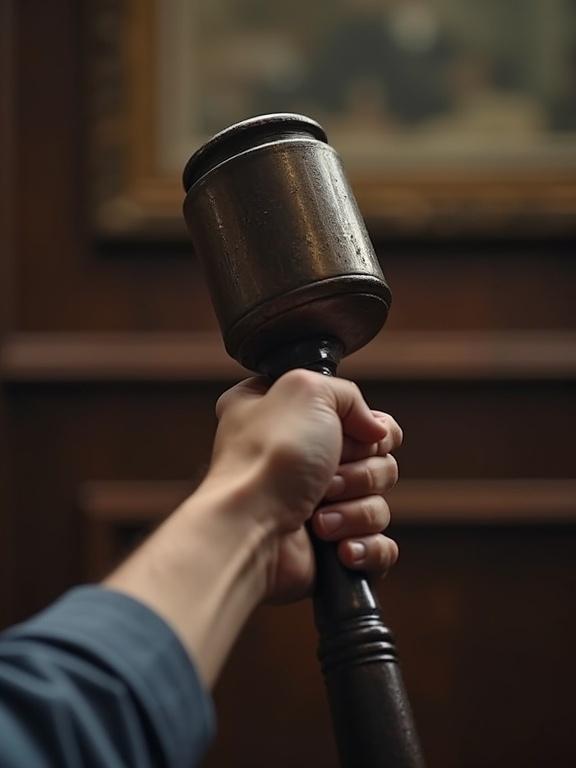 Hand gripping large metal hammer gavel from camera's perspective.