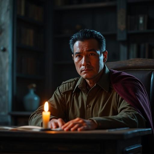 Middle-aged man with black hair and piercing gaze. Expression shows soldier's resolve and father's warmth. Wears damaged military uniform with rank insignias and a crimson cloak. Seated at wooden desk in home, lit by candlelight. Gazes intently, lost in thought. Room has wooden furniture in calm atmosphere. Lighting emphasizes warmth and isolation. Mood is solemn and introspective.
