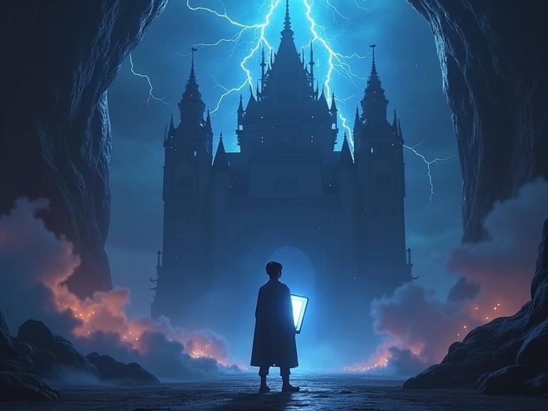 Omar inside a dark floating digital castle. Electric storms surround the scene. He stands facing a misty figure holding a glowing tablet. Sparks of data lightning illuminate the setting. Pixar style with drama.
