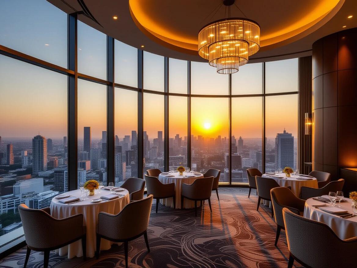 Luxurious indoor space situated on a high floor with extensive glass windows highlighting a breathtaking sunset view of the city skyline. The scene features elegant round tables draped with fine linens. Plush chairs complement the decor, with soft ambient lighting from modern chandeliers. The artistic carpet adds texture, while minimalist floral centerpieces enhance the table settings. The room exudes a clean, high-end atmosphere and showcases polished wooden wall panels. The overall design reflects an upscale banquet room aesthetic, perfect for an exclusive event or fine dining experience. The moody sunset casts reflections on the windows, creating a cinematic luxury ambiance.
