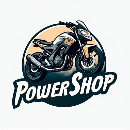 Logo design for a store named PowerShop that sells electric motorcycles and home appliances. Features a stylized motorcycle illustration and a circular emblem.