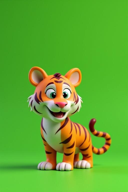 3D animation features a tiger character with orange and black stripes. The background is vibrant green. The tiger has a friendly smile and playful stance. Suitable for children's media.