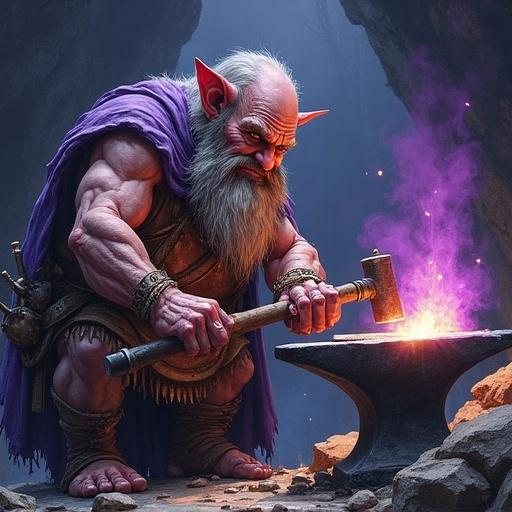 Depiction of a malevolent dwarf named Kherab, hammering steel at a darkforge. He is surrounded by an anvil and smithing forges with a purple glowing aura. The dwarf has round ears and a twisted form, muttering as he creates evil inventions. The overall style is watercolor reminiscent of Marseille tarot cards.
