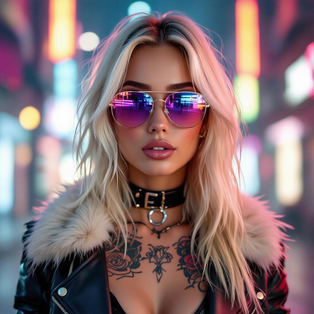 Album cover with a blonde cyberpunk model wearing tattoos and futuristic sunglasses. Soft colorful lighting creates a dreamy atmosphere. Bokeh effects in the background enhance artistic appeal. Model displays glamorous fur styling.