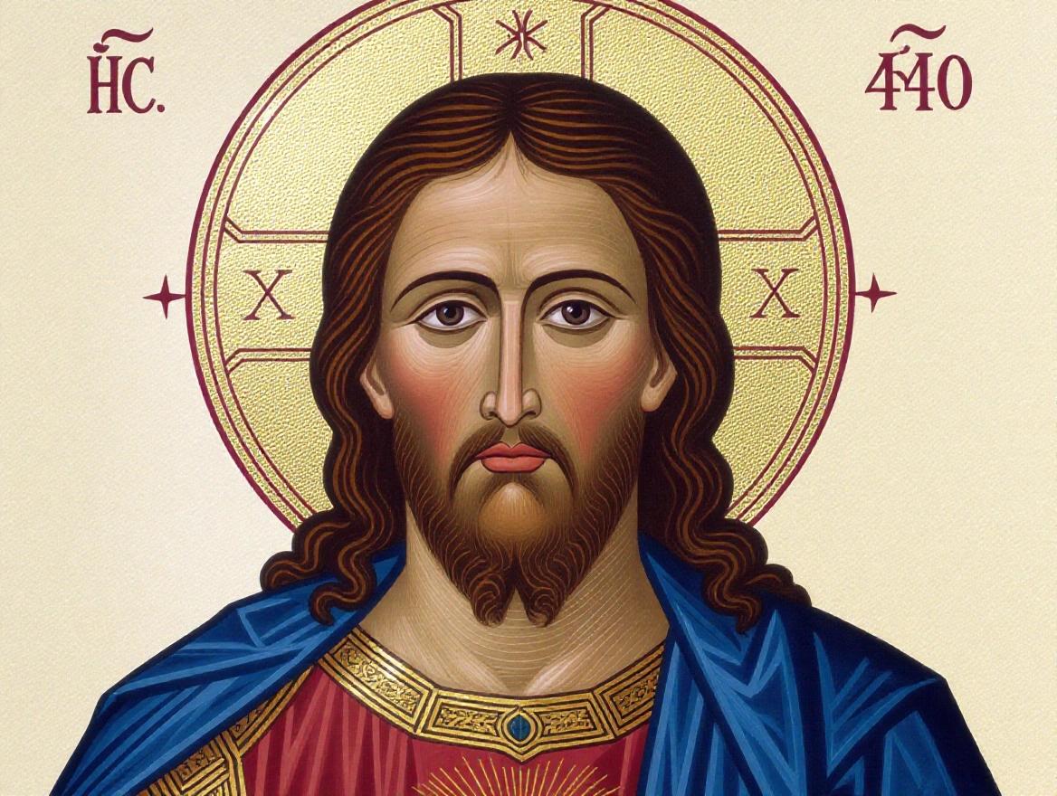 Devotional image of Jesus Christ in a traditional Catholic style with serene and compassionate face. Short, well-defined beard, dark wavy hair. Expressive eyes looking with love. Radiant golden halo with rays of light. Red tunic symbolizing humanity, blue mantle over shoulders. Sacred hands gesture, possibly holding the Sacred Heart or a holy book. Background is golden or celestial, suggesting a Byzantine influence. Soft light emanates from the figure.