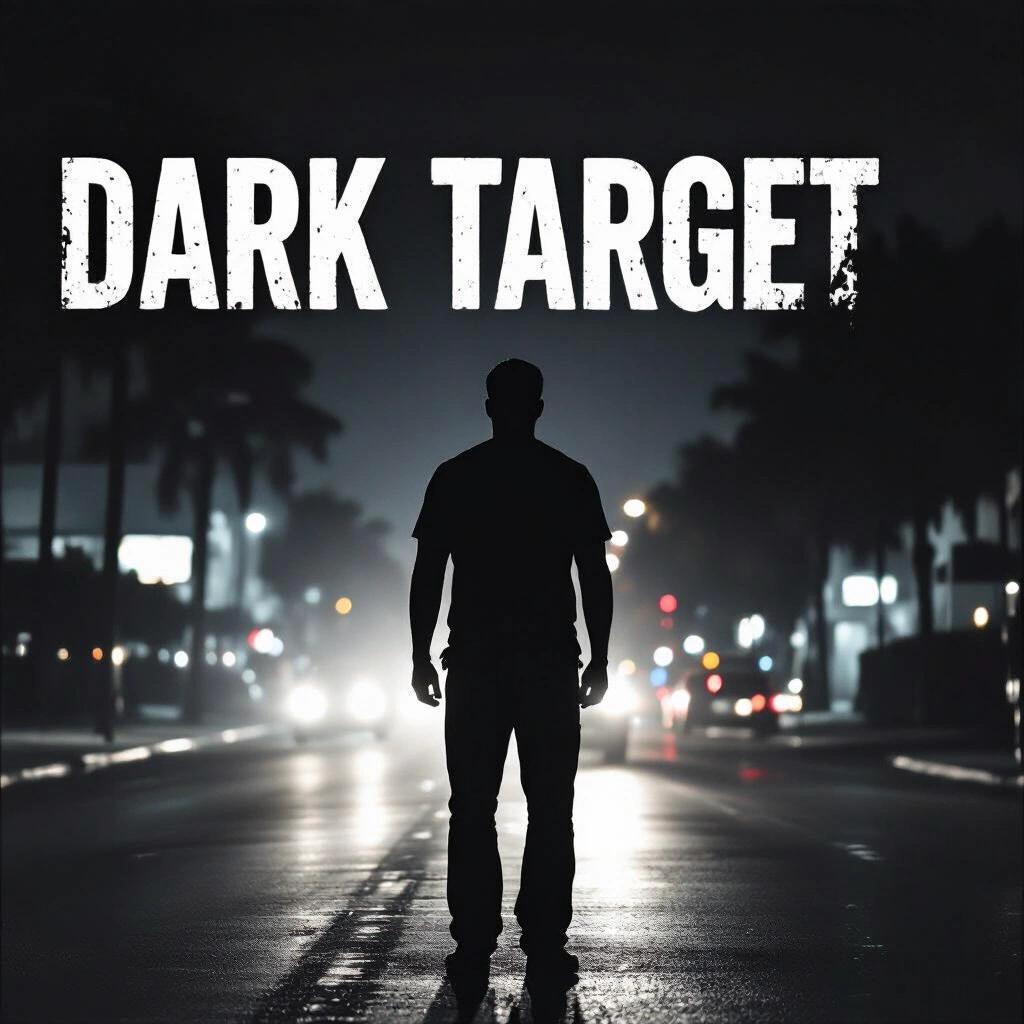 Dark raw photo features black silhouette on Miami street at night with large text reading Dark Target in the distance.