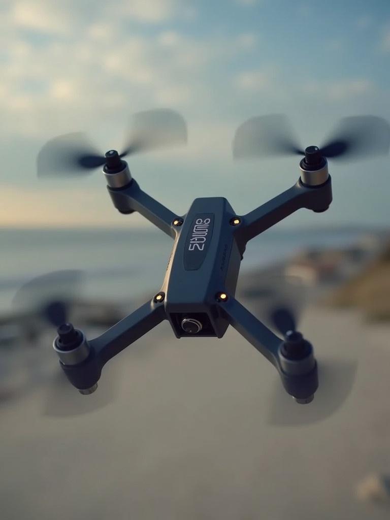 A drone hovering in mid-air with spinning propellers. The setting is near a beach enjoying soft lighting and a clear sky. The background shows distant beach scenery.