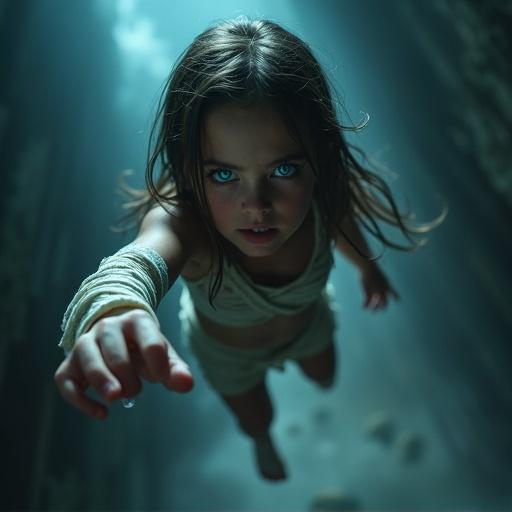 Young ghost girl with blue eyes flying towards viewer. Stern expression. Body off the ground. Reaching out. Wearing crop top and shorts made of bandages. Dark lighting.