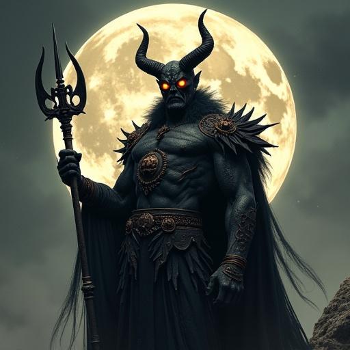 Demonic figure inspired by Asmodeus with horns and glowing eyes. Holding a trident staff. Large moon in the background.