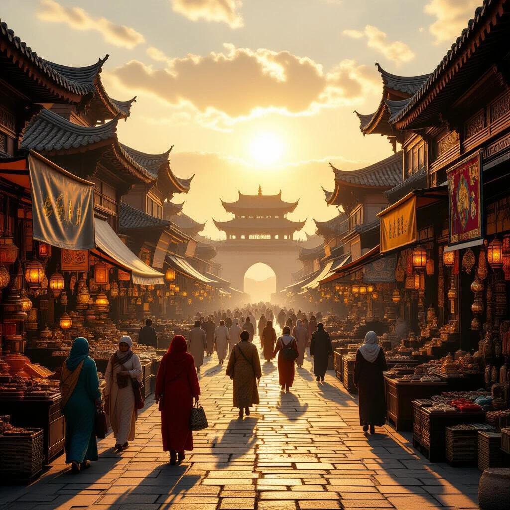 Ancient Silk Road market has rich cultural atmosphere. Traders engage with visitors. Vibrant color palette enhances the scene. Picturesque sunset creates warm glow. Charming archway draws attention in distance.