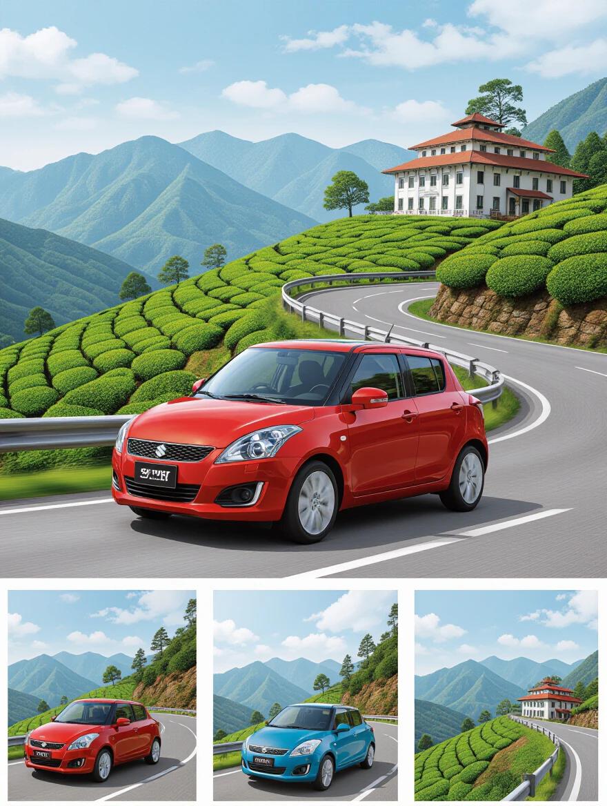 Image shows a red Suzuki Swift car on a winding road amidst lush green hills at Munnar. Background features vibrant mountains and a traditional house.