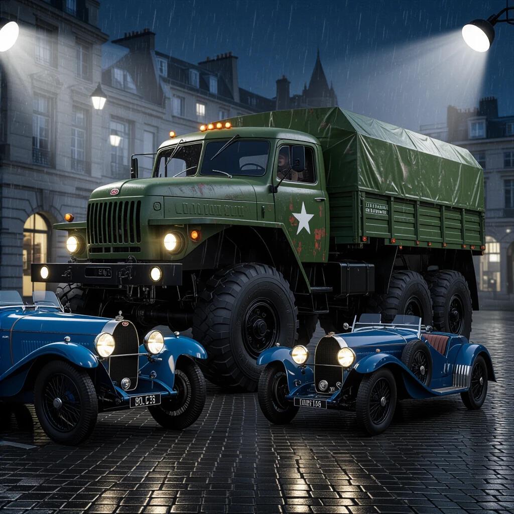 Photorealistic night scene depicting a Soviet 6x6 military truck. Bugatti Type 35 present beside it. Rainy cobblestone street in Waterloo 2025. Heavy rust on truck contrasting with polished Bugatti. Truck's headlights illuminating the scene.