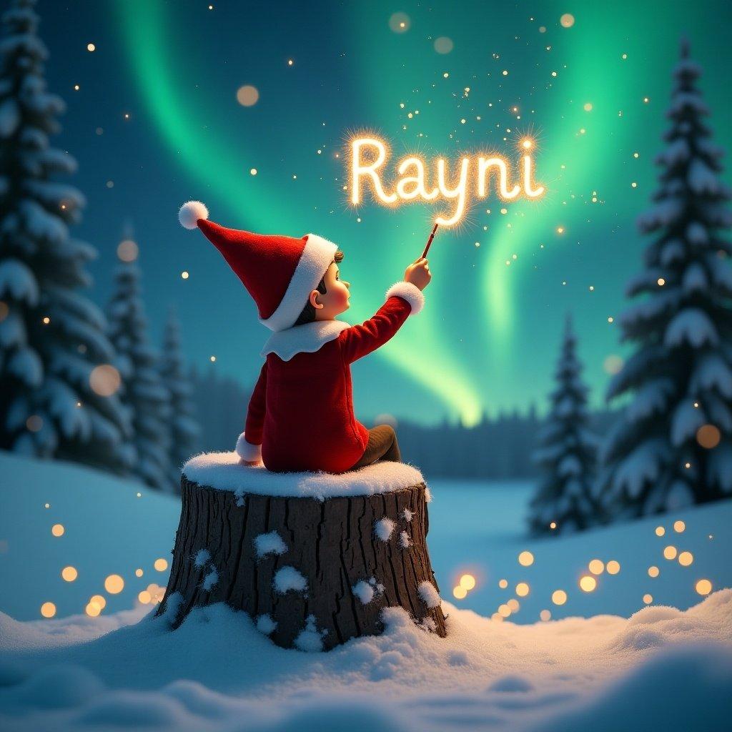 Elf on the shelf sits on snowy tree stump. The elf is gazing up at the sky. In hand, a magic wand writing the name 'Rayni' in sparkling letters. Background features vibrant northern lights. Soft golden lights twinkle in snowy landscape. The scene radiates magic and festive cheer.