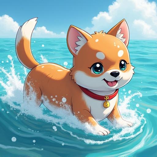 Corgi dog playing in water at the beach. The dog has a collar with a bell. The scene is cheerful with bright colors. Ocean waves splash around the dog. Sky is clear with some clouds. A happy character in a playful mood.
