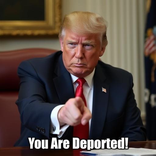Donald Trump sitting at a desk. He frowns and points at the viewer. The caption is 'You Are Deported!' at the bottom of the image.