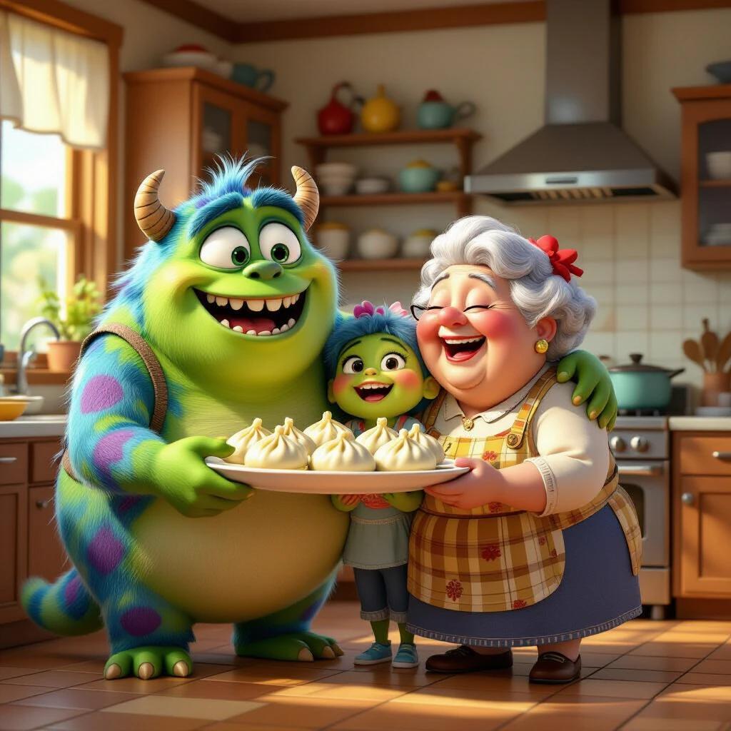 Stylized kitchen with a happy monster holding dumplings. Another creature hugs Grandma. She laughs and pats their heads. Colorful and rounded character design. Expressive animation. Cinematic lighting. DreamWorks or Pixar-inspired style.
