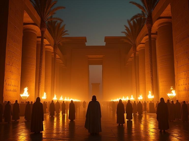 Wide IMAX-format shot of ancient Egyptian temple courtyard at night glowing with thousands of torches. Show solemn crowd in traditional Pharaonic garments standing in silence.