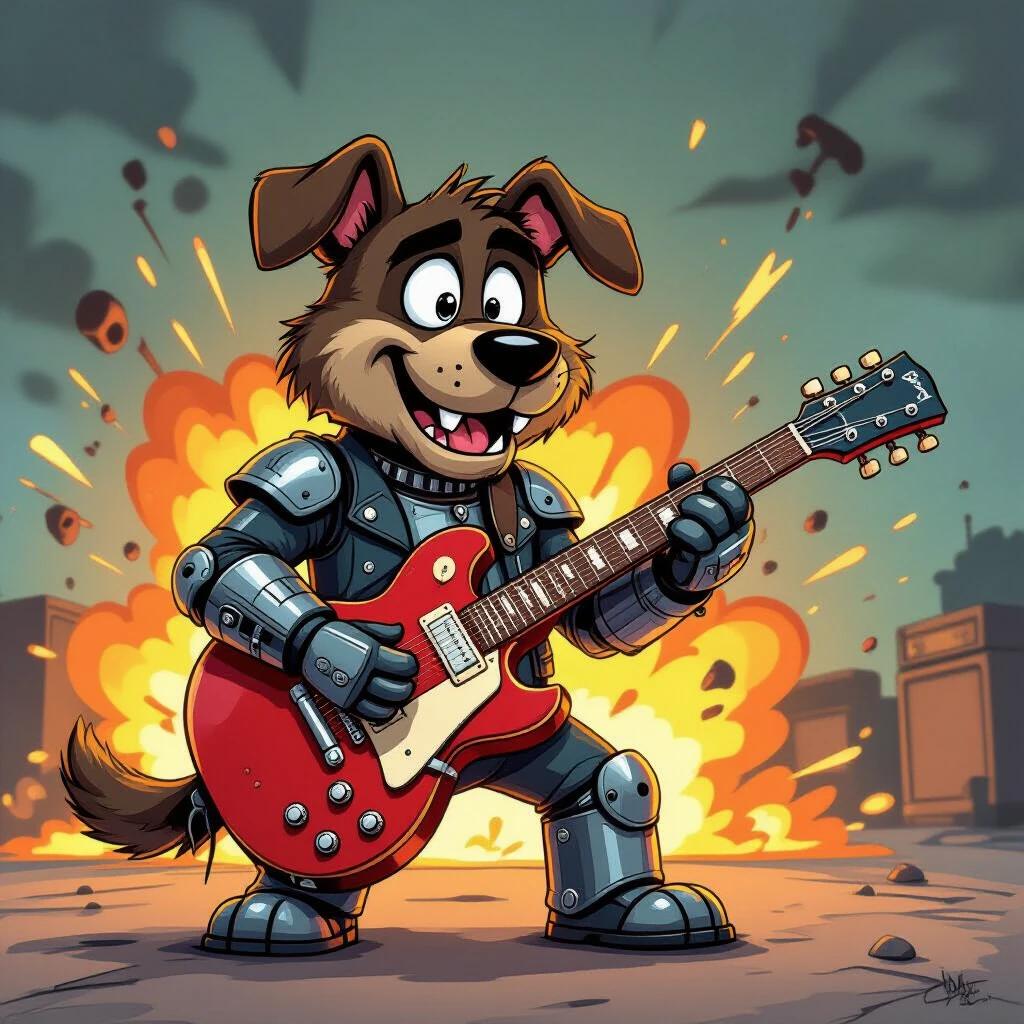 A cartoon dog in armor playing a V-shaped guitar. The dog has a lively expression. An explosion occurs in the background. The art style is dark and animated.