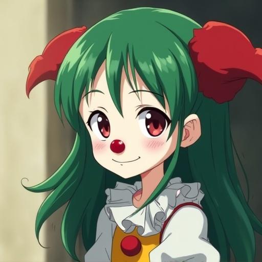 Anime girl with long green hair and clown face. Wearing clown costume and clown nose. Close-up smiling at camera. Skin appears pale and flour-like, while rest is beige. Standing on the right.