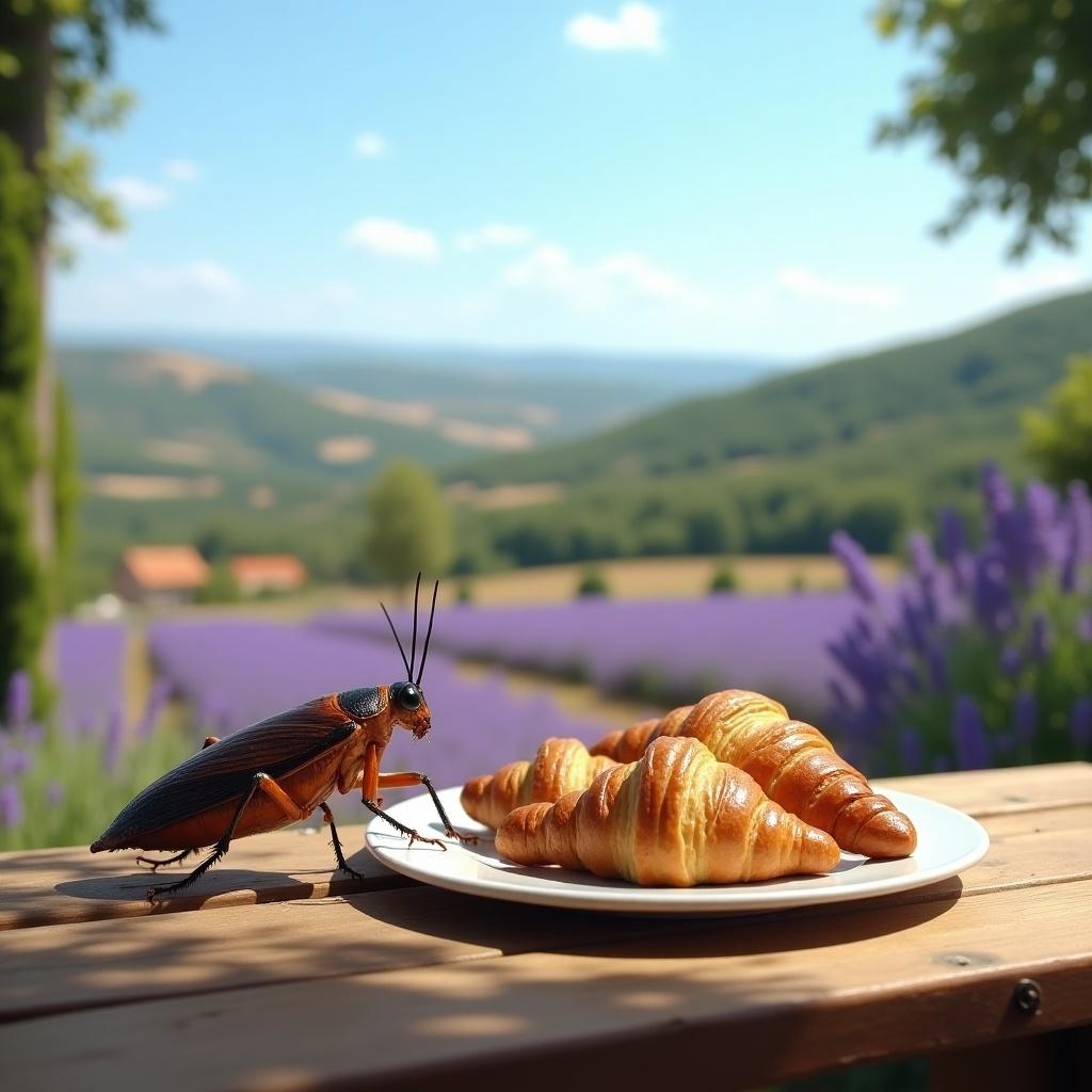 The image depicts a cockroach positioned at a beautifully set outdoor table in the South of France. In front of the cockroach, there are fresh, golden croissants arranged on a plate. The background features scenic lavender fields under a bright blue sky. Sunlight creates a vivid atmosphere, highlighting the colors of both the croissants and the natural scenery. The tranquil setting invites viewers to ponder the unusual sight of a cockroach enjoying a breakfast feast outdoors.