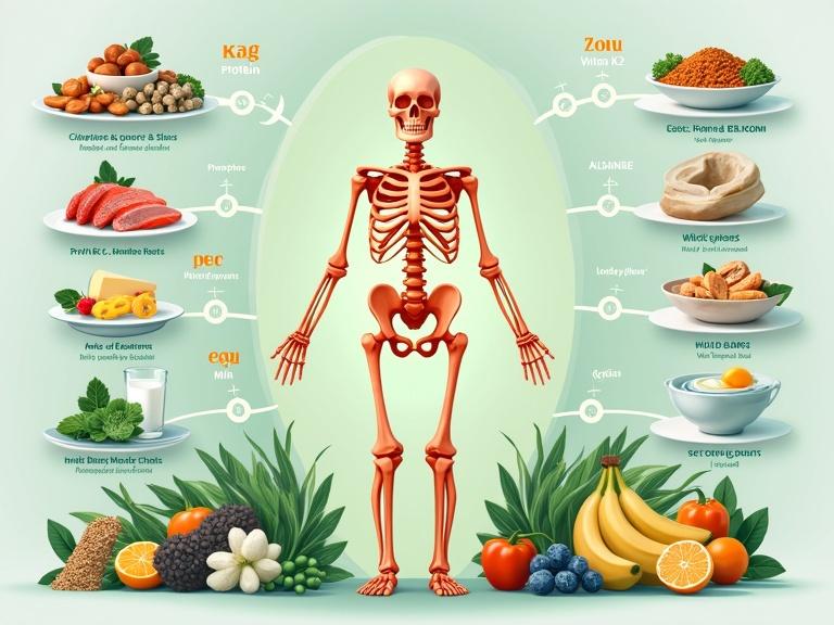 Vibrant educational illustration showcasing key nutrients for bone health. Organized sections for magnesium, vitamin K2, phosphorus, protein, zinc, boron, silicon, and antioxidants. Central glowing human skeleton with soft anatomical details of bone cross-section. Modern style with bright calming palette. Background features subtle chemical symbols emphasizing science.