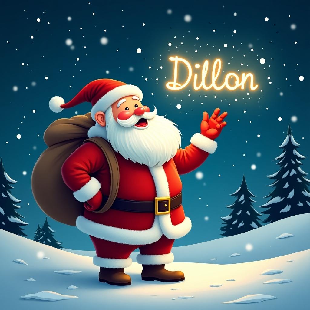 A cheerful Santa Claus stands in a snowy landscape, writing the name 'Dillon' in the night sky with a magical light. He wears a traditional red suit with white trim and carries a large sack on his back. The background features a starry night sky filled with sparkling stars. Snowflakes gently fall around him, creating a warm and festive atmosphere. Pine trees are visible in the distance, enhancing the winter wonderland feel. This scene invites joy during the holiday season.