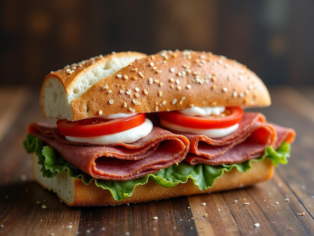 This image showcases a delicious ciabatta bread sandwich filled with layers of cooked pastrami, fresh mozzarella, and juicy tomato slices. Crisp lettuce adds a refreshing crunch, topped with a dollop of creamy mayonnaise. The sesame-seed topped ciabatta bread adds a rustic touch to this mouthwatering meal. The sandwich is presented on a wooden surface, highlighting its appetizing ingredients. This is the perfect option for lunch or a quick snack, appealing to food lovers everywhere.