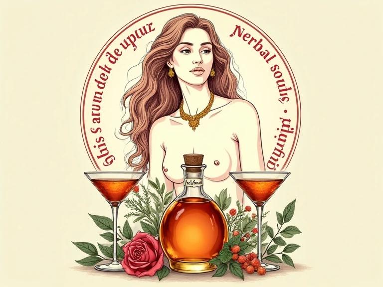 Artistic illustration of apothecary bottle filled with herbal liqueur. Bottle glows softly and is adorned with tag labeled ALFRUNO. Two liqueur glasses are filled with same liquid. Roses and herbs surround the bottle. Image includes upper body of goddess with flowing hair. Calm expression adorned with golden jewelry. Background is muted beige with circular text in classic red font. Vintage aesthetic and balanced layout.