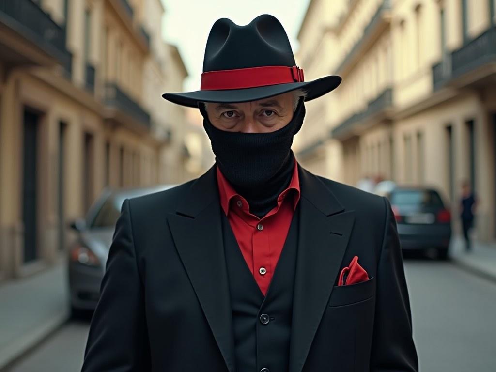 A dignified older man stands confidently on a vintage city street. He exudes charisma with his stylish black suit and striking red shirt. The man's hat is a matching fedora adorned with a bold red band. His face is partially covered with a balaclava, adding an intriguing touch to his look. This scene captures the essence of urban elegance and classic fashion in a timeless setting.