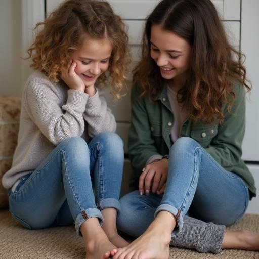 Two girls are sitting close to each other on a soft rug. They are inspecting each other's feet. Both girls wear casual jeans. They are smiling and enjoying the moment. The room has a warm sunlight ambiance and gives a cozy feeling.