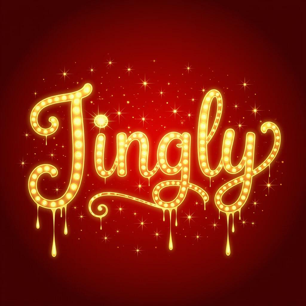 Stylish representation of the word 'JINGLY' in elaborate gold letters created with light. Background has a rich red color with scattered sparkles. Letters glow brightly and elegantly. Light drips hang from the letters adding an artistic touch. Design evokes joyful and celebratory feelings suitable for creative projects.