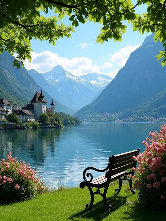 A tranquil lakeside scene framed by lush greenery and towering mountains. The lake is reflective blue with a glassy surface. A wrought-iron bench sits on the grassy area. Pink flowers surround the bench. Overhanging branches create a canopy. A picturesque village with gabled buildings sits along the lake. Steep, forested mountains rise in the background under a bright blue sky with clouds. The color palette includes green, blue, pink, and white.