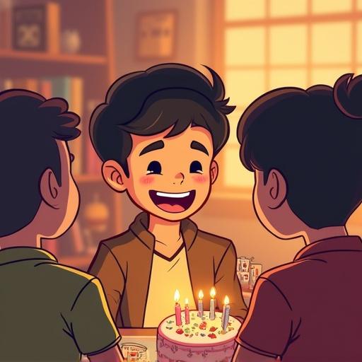 Cartoon style image of a 17 year old boy with dark hair. He celebrates his 17th birthday. Friends surround him. Birthday cake on the table. Candles are lit. Joyful expressions are visible. Warm inviting indoor setting.