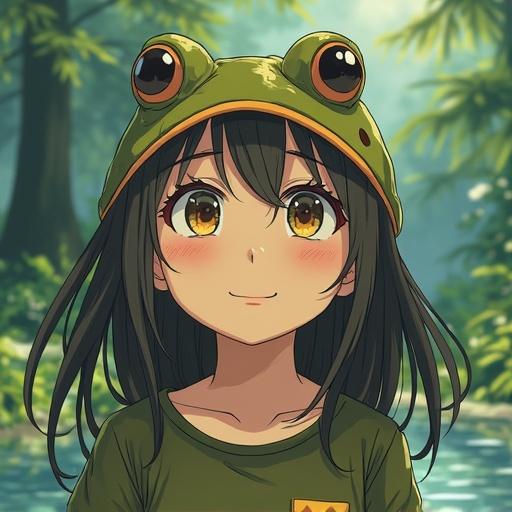 Anime girl with a toad mouth sac bright smile wearing a frog hat surrounded by lush greenery