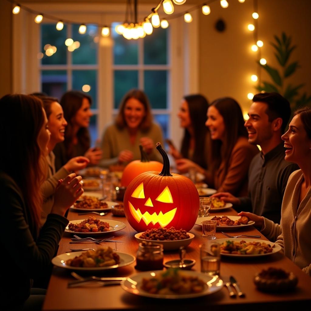 A lively Halloween party scene at a long dining table. Warm string lights illuminate the guests enjoying food. A carved pumpkin serves as a centerpiece. Friends gather in a joyful atmosphere sharing stories and laughter.