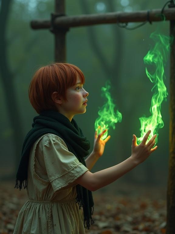 A photorealistic image of a girl with auburn hair standing at a gallows. Green fire surrounds her hands. She has pale skin and freckles. Her expression shows horror. She wears a torn dress with a scarf. The background is a foggy forest.