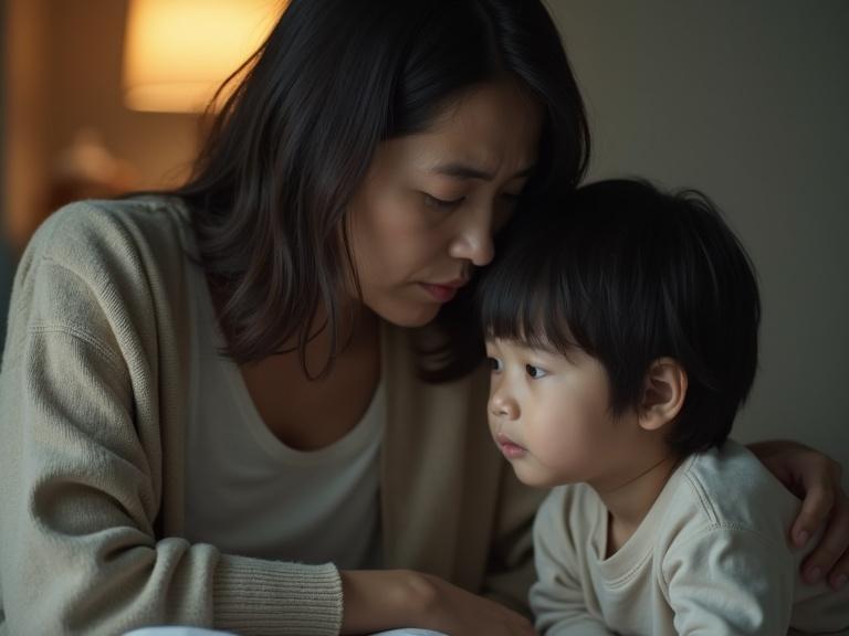 Scene of a Japanese mother in her 30s showing distress after receiving health news about cancer. Child sits beside her with caring eyes, sensing mother's emotional weight. Soft home attire, warm and subdued lighting creates an intimate atmosphere.