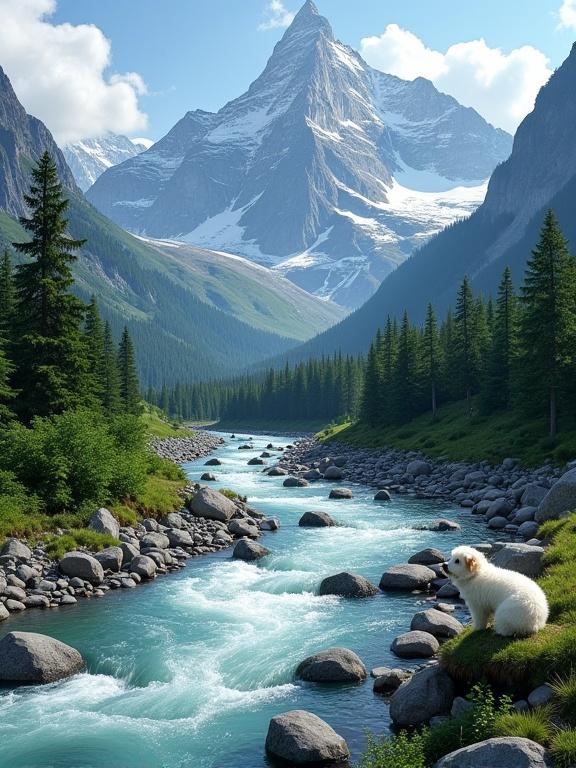 Dramatic alpine landscape with a clear blue-green river flowing through a lush green forest. Towering snow-capped mountains in the background under a bright blue sky. Small fluffy white dog sits on a rock near the riverbank. Smooth gray rocks scattered along the water. Bright and vibrant scene highlighting nature's beauty.