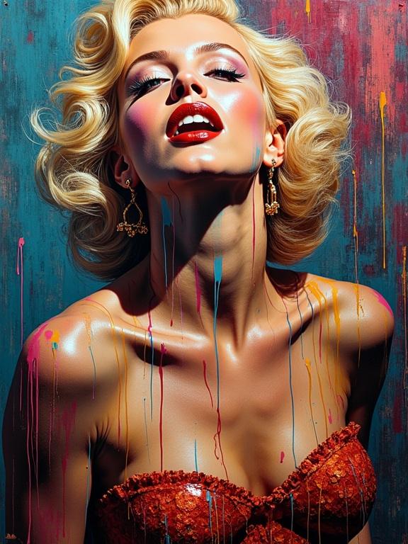 A modern interpretation of Marilyn Monroe. A figure with glamorous features posed elegantly. Strong use of color and texture with drips of paint. Theme speaks to contemporary beauty. Clothing is striking with intricate details. Background contrasts with subject. Artistically captured in a rich setting.