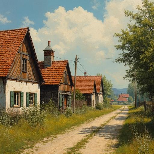 Artwork depicts a vintage German village scene with detailed architecture. Features a winding country road leading through grassy areas and houses with thatched roofs. Focus on realistic depiction and natural settings. Oil painting style with textured brushstrokes and rich colors.