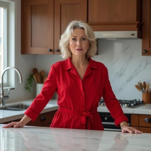 Woman in her 50s wearing a red blouse stands at white granite kitchen counter. Elegant and confident pose. Kitchen cabinets in background.