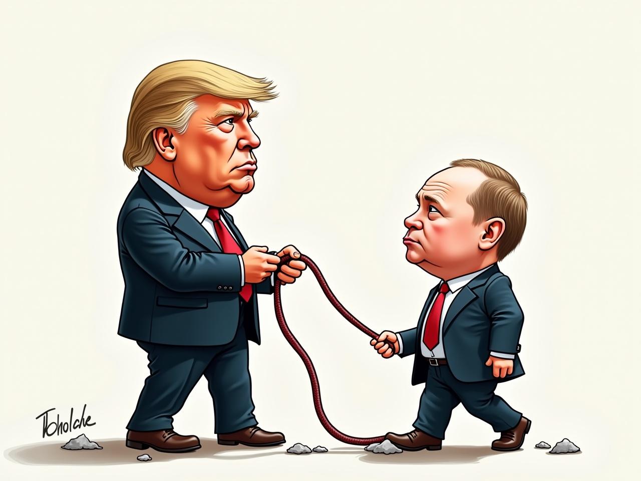 This image features a colorful cartoon drawing with a satirical theme. It depicts Donald Trump with a confident expression, being held by a leash. The leash is held by Vladimir Putin, who appears smaller in stature. Both characters are dressed in formal suits, but the comparison in size is exaggerated for comedic effect. The background is simple and light-colored to keep the focus on the characters. This illustration evokes humor and commentary on political dynamics.