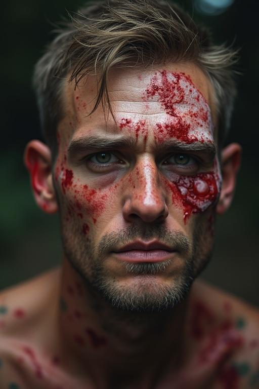 Portrait of a young man showcasing severe symptoms of typhus disease with a detailed close-up of his face marked by blood. Expressions of suffering and resilience are evident in his eyes. The background is softly blurred, enhancing the focus on the subject.