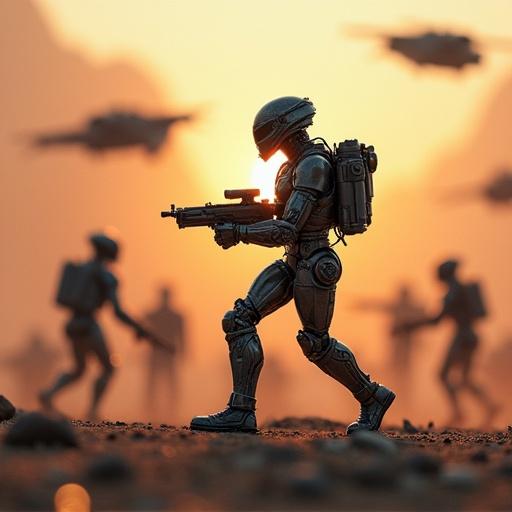 Futuristic design of tin soldiers depicted in a battle on a distant planet. Two non-human factions engage in ground combat surrounded by flight squadrons in the sky. High level of detail in characters and light effects.