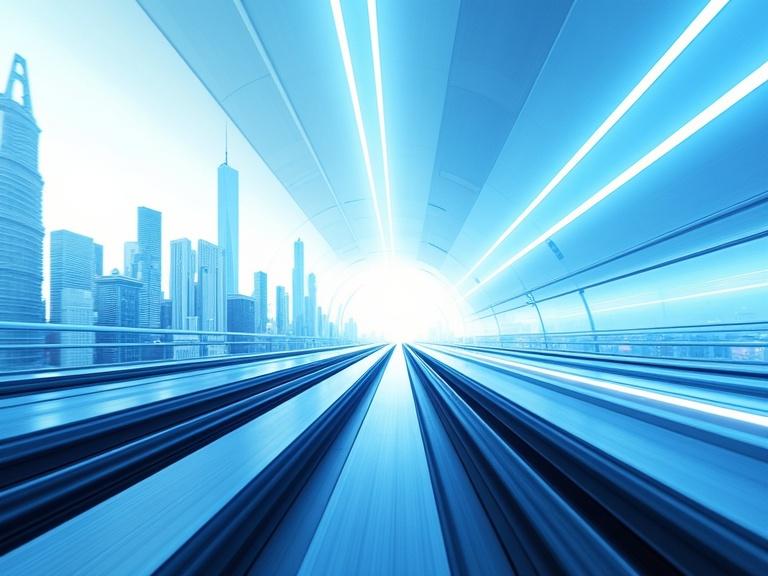 Abstract wallpaper featuring motion lines with a blue color scheme under a white sky. City skyline view from a rail tunnel.